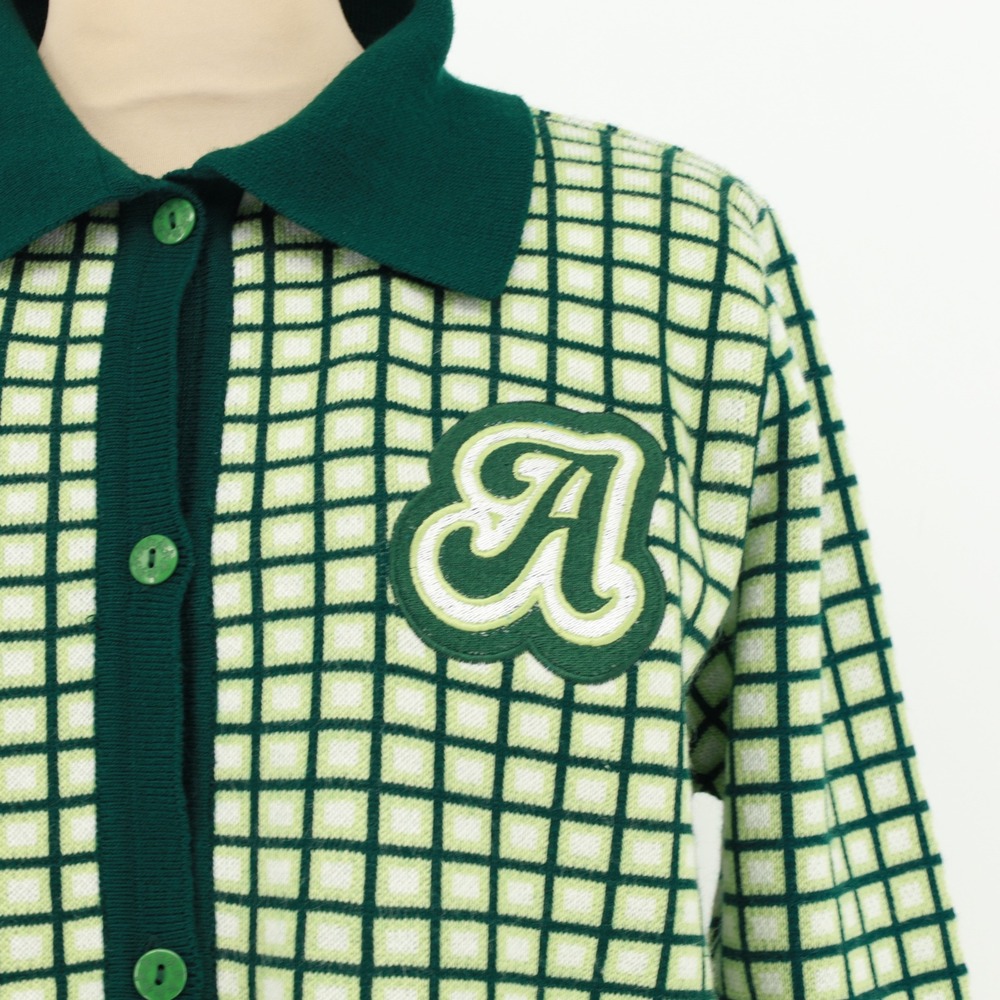A Lot Studio Green Grid Cropped Varsity Cardigan Sweater Letterman Patch Medium - Picture 7 of 12